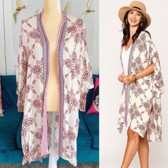 Gigio Other - Gigio | Aster Ivory Pink Open Front Kimono Boho Bohemian Paisley Medallion Large